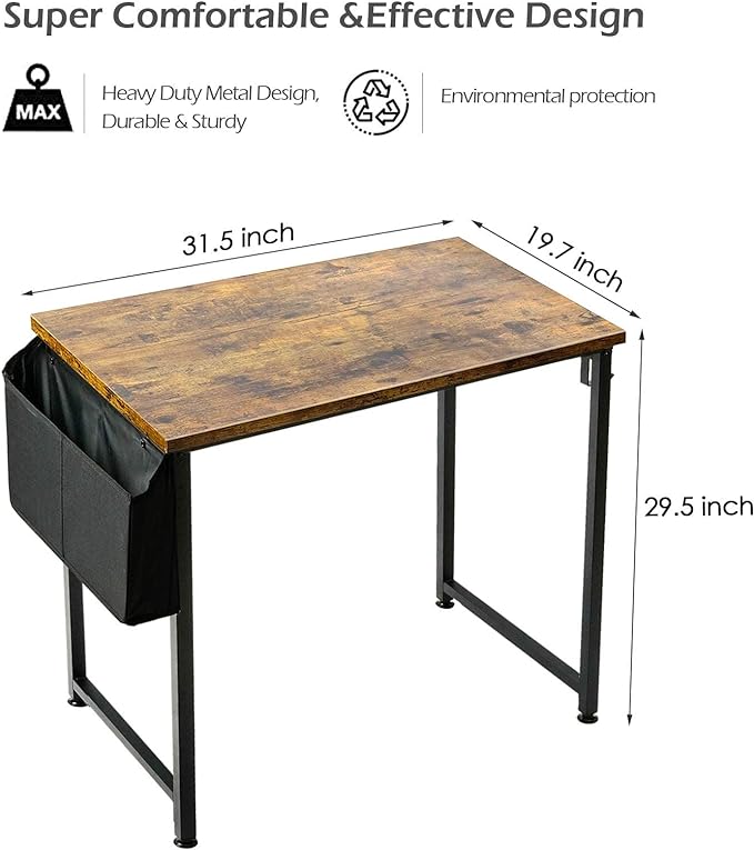 Lufeiya Small Computer Desk Study Table for Small Spaces Home Office 31 Inch Rustic Student Laptop PC Writing Desks with Storage Bag Headphone Hook,Brown - LeafyLoom