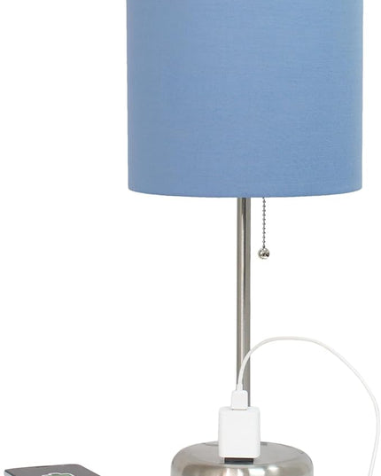 Simple Designs LT1144-BLU Sleek and Slender Brushed Steel Table Lamp with Charging Outlet, for Bedroom, Living Room, Entryway, Office, Dining Room, Study, Blue Shade - LeafyLoom