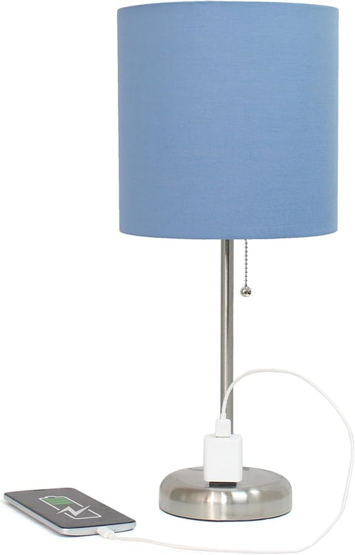 Simple Designs LT1144-BLU Sleek and Slender Brushed Steel Table Lamp with Charging Outlet, for Bedroom, Living Room, Entryway, Office, Dining Room, Study, Blue Shade - LeafyLoom