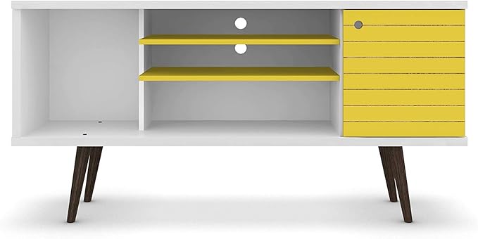 Manhattan Comfort Liberty Mid Century Modern TV Stand for Televisions up to 50 Inches, Bedroom and Living Room Entertainment Center with Storage, Shelves, and Cabinet, 53" Wide, White/Yellow - LeafyLoom