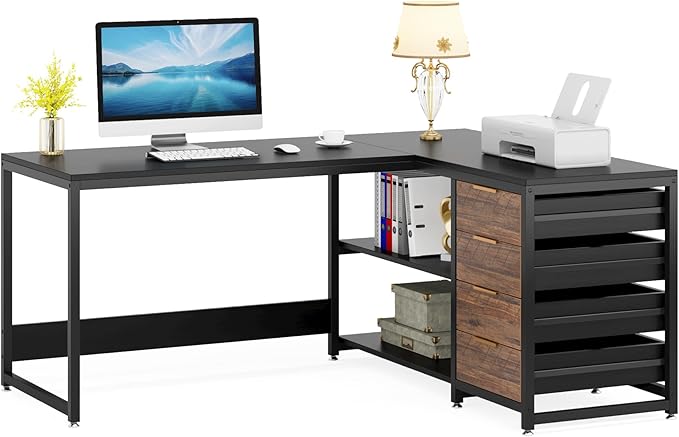 59-Inch L Shaped Desk with Drawers, Large Computer Desk with Storage Shelves, Reversible L-Shaped Corner Desk Workstation for Home Office - LeafyLoom