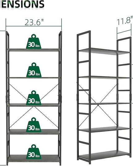 OTK 5 Tier Bookshelf, Tall Bookcase, Office Shelf Storage Organizer, Modern Book Shelf for Living Room, Bedroom, and Home Office, Dark Grey - LeafyLoom