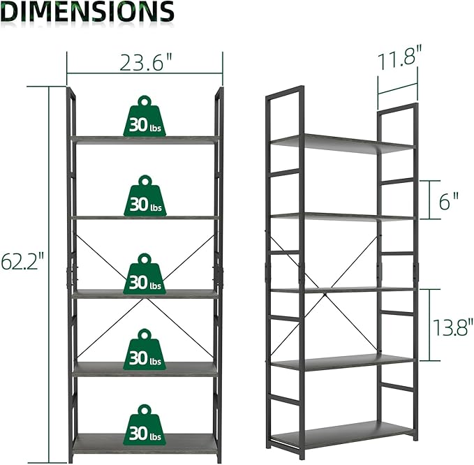 OTK 5 Tier Bookshelf, Tall Bookcase, Office Shelf Storage Organizer, Modern Book Shelf for Living Room, Bedroom, and Home Office, Dark Grey - LeafyLoom