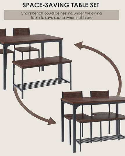 SogesHome 4 Piece Kitchen Dining Table Set for 4, Kitchen Table Bench Chairs Setfor 4, Space-Saving Table Set for Restaurant, Coffee Shop, Dark Walnut - LeafyLoom