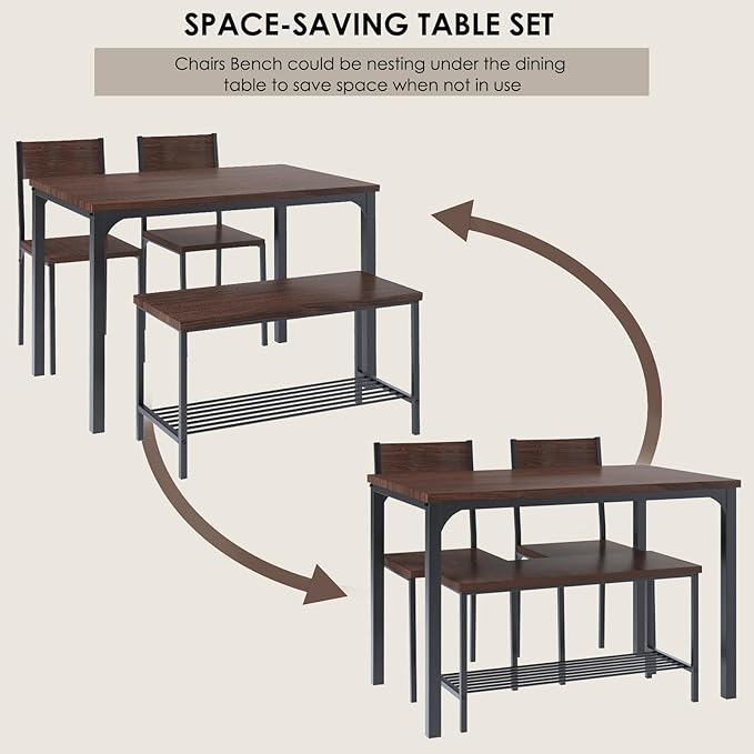SogesHome 4 Piece Kitchen Dining Table Set for 4, Kitchen Table Bench Chairs Setfor 4, Space-Saving Table Set for Restaurant, Coffee Shop, Dark Walnut - LeafyLoom