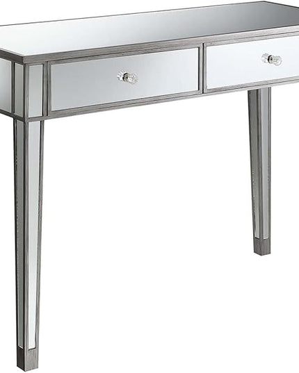Convenience Concepts Gold Coast Mirrored Desk 42" - Console Table with 2 Drawers for Storage in Living Room, Office, Antique Silver/Mirror - LeafyLoom