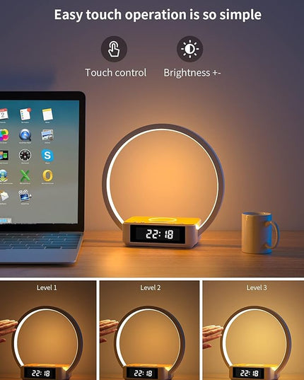 Amouhom Table Lamp, 18W Touch Lamp Alarm Clock with Wireless Charging Wake-Up Light, Digital Sonic 10W Max Qi Charger Nightstand Reading Lamps for Bedside, Reading, Home, Office - LeafyLoom