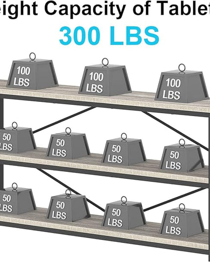 IBF Low Long Horizontal Bookshelf, Industrial Modern 3 Tier Etagere Bookcase, Large Wide Open Rustic Metal and Wood Grey Book Shelf for Bedroom Living Room Home Office Storage, Light Grey Oak, 63 Inch - LeafyLoom