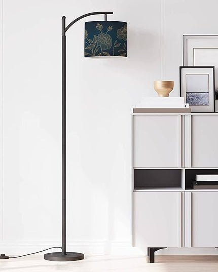 Modern Arc Floor Lamp with Dimmer Mid Century art deco luxury flower roses line golden Hand drawn for packaging Metal Standing Lamp with Linen Shade Footswitch for Living Room Bedroom Office - LeafyLoom