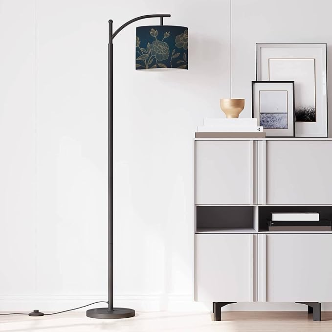 Modern Arc Floor Lamp with Dimmer Mid Century art deco luxury flower roses line golden Hand drawn for packaging Metal Standing Lamp with Linen Shade Footswitch for Living Room Bedroom Office - LeafyLoom