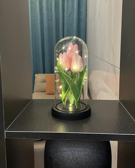 LED Tulip Lamp Artificial Flower Night Light Handmade Light up Tulips in Glass Dome Table Lamp Ornaments Desktop Decor - Battery Operated (Pink) - LeafyLoom