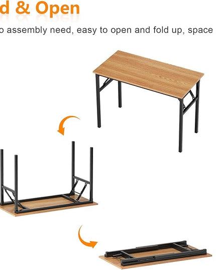 Need Small Computer Desk 31.5 inches Folding Table No Assembly Sturdy Small Writing Desk Folding Desk for Small Spaces, Teak Color Desktop and Black Steel Frame - LeafyLoom