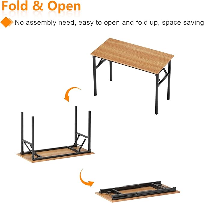 Need Small Computer Desk 31.5 inches Folding Table No Assembly Sturdy Small Writing Desk Folding Desk for Small Spaces, Teak Color Desktop and Black Steel Frame - LeafyLoom