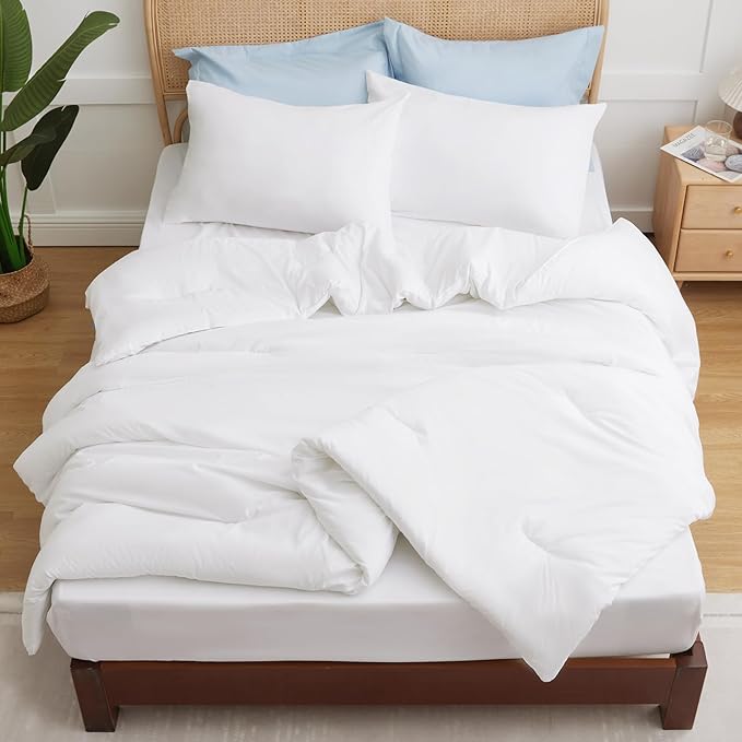 CozyLux White Comforter Set Full Size, 3 Pieces Solid Breathable Quilted Boho Style Bedding Sets, Luxury Fluffy Soft Microfiber Comforter for All Season(1 Comforter & 2 Pillowcases) - LeafyLoom