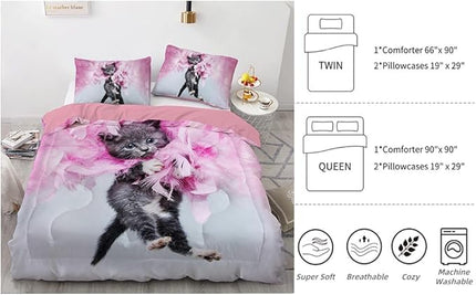 Cat Comforter Twin, Cat Bedding Set Twin Size for Kids, Cat Comforter Set for Girls and Boys, Pink Feathers Black Cat 3Pcs(1Summer Comforter+ 2 Pillowcases) Lovely Animal Pets Duvet Set - LeafyLoom