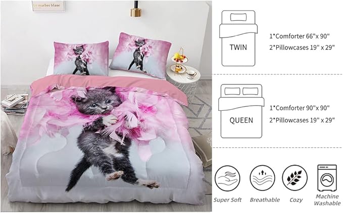 Cat Comforter Twin, Cat Bedding Set Twin Size for Kids, Cat Comforter Set for Girls and Boys, Pink Feathers Black Cat 3Pcs(1Summer Comforter+ 2 Pillowcases) Lovely Animal Pets Duvet Set - LeafyLoom