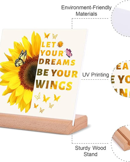 TIKTREE Inspirational Gifts for Women, Let Your Dreams Be Your Wings Positive Sign, Sunflower Motivational Gifts, Cheer Up Gifts for Women, Home Office Desk Decor with Wood Base - LeafyLoom