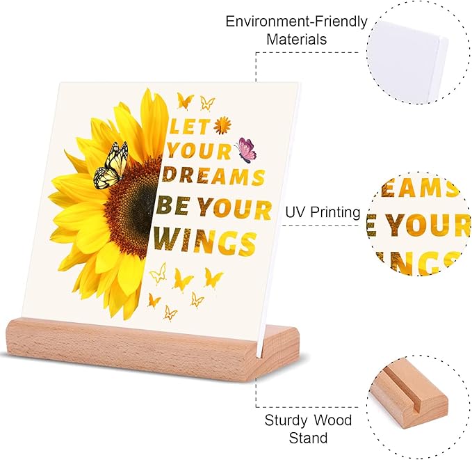 TIKTREE Inspirational Gifts for Women, Let Your Dreams Be Your Wings Positive Sign, Sunflower Motivational Gifts, Cheer Up Gifts for Women, Home Office Desk Decor with Wood Base - LeafyLoom