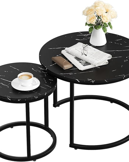 Black Nesting Coffee Table Set of 2, 23.6" Round Coffee Table Wood Grain Top with Adjustable Non-Slip Feet, Industrial End Table Side Tables for Living Room Bedroom Balcony Yard - LeafyLoom