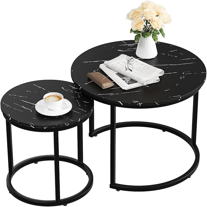 Black Nesting Coffee Table Set of 2, 23.6" Round Coffee Table Wood Grain Top with Adjustable Non-Slip Feet, Industrial End Table Side Tables for Living Room Bedroom Balcony Yard - LeafyLoom