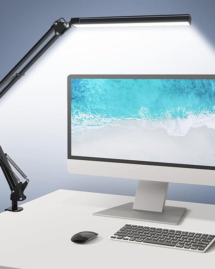 ODOM Adjustable Swing Arm Desk Lamps with Clamp, Upgraded 3 Color Modes 6 Brightness Stepless Dimming, Eye-Caring Memory Function Led Table Light for Home Office Reading Nail Desk, Black, 12W Adapter - LeafyLoom