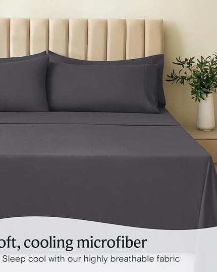 LuxClub 7 PC Split King Sheet Set, Breathable Luxury Bed Sheets, Deep Pockets 18" Eco Friendly Wrinkle Free Cooling Sheets Machine Washable Hotel Bedding Silky Soft - Dark Grey Split King - LeafyLoom
