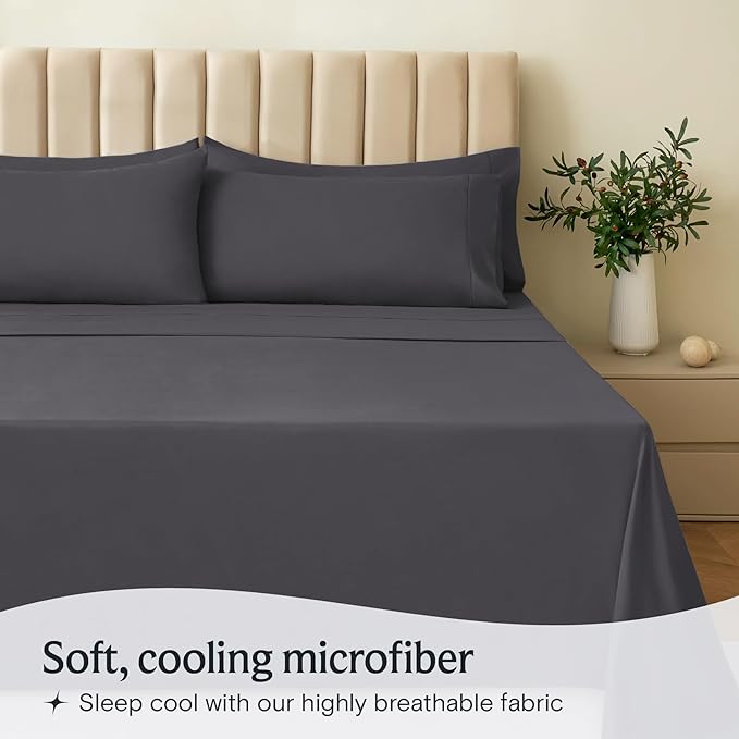 LuxClub 7 PC Split King Sheet Set, Breathable Luxury Bed Sheets, Deep Pockets 18" Eco Friendly Wrinkle Free Cooling Sheets Machine Washable Hotel Bedding Silky Soft - Dark Grey Split King - LeafyLoom