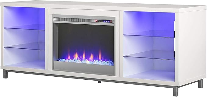 Ameriwood Home Lumina Fireplace TV Stand for TVs up to 70 Inch, Replaceable Electric Fireplace Insert Heater, Remote Control, Timer, Color Changing LED Lights, Crystal Ember Flames, White - LeafyLoom