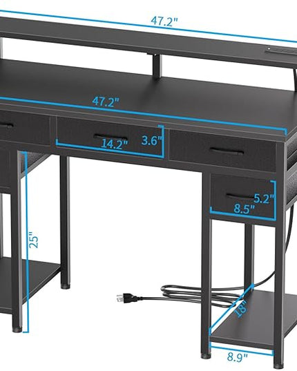 Black Computer Desk with Drawers, Gaming Desk with LED Light & Power Outlet, 47" Home Office Desk with Large Storage & Monitor Stand for Small Space - LeafyLoom