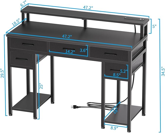 Black Computer Desk with Drawers, Gaming Desk with LED Light & Power Outlet, 47" Home Office Desk with Large Storage & Monitor Stand for Small Space - LeafyLoom