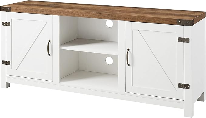 Walker Edison Larae Modern Farmhouse Two-Tone Barn Door Stand for TVs up to 65 Inches, Without Fireplace, Rustic Oak/White - LeafyLoom