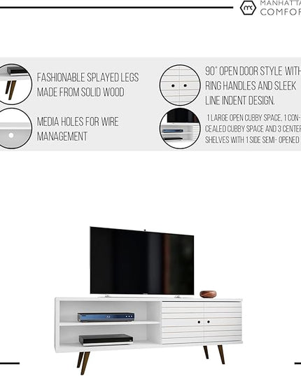 Manhattan Comfort Liberty Mid Century Modern TV Stand for Televisions up to 60 Inches, Bedroom and Living Room Entertainment Center with Storage, Shelves, and Cabinet, 63" Wide, White - LeafyLoom