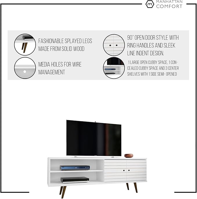 Manhattan Comfort Liberty Mid Century Modern TV Stand for Televisions up to 60 Inches, Bedroom and Living Room Entertainment Center with Storage, Shelves, and Cabinet, 63" Wide, White - LeafyLoom