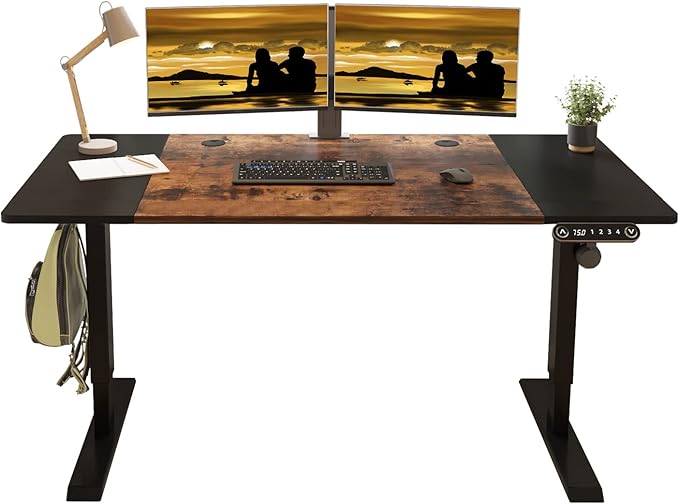 Adjustable Height Electric Standing Desk - 63 x 30 Inch Sit Stand Computer Desk with Splice Board, Stand Up Desk Table for Home Office, Black Frame/Black and Rustic Brown Top - LeafyLoom