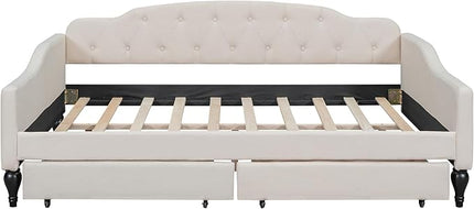 Full Size Upholstered Daybed with 2 Storage Drawers,Linen Sofa Bed W/Button Tufted Back & Nailhead Decorated Waved Shape Arms,Slat Support,Bedframe for Bedroom Livingroom Small Space,Beige - LeafyLoom