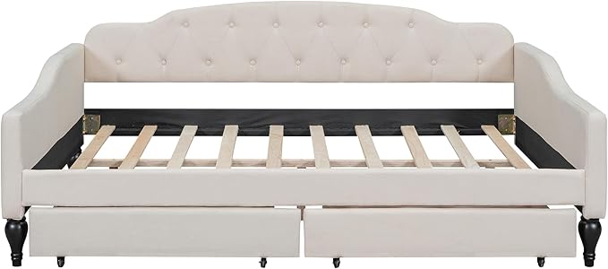 Full Size Upholstered Daybed with 2 Storage Drawers,Linen Sofa Bed W/Button Tufted Back & Nailhead Decorated Waved Shape Arms,Slat Support,Bedframe for Bedroom Livingroom Small Space,Beige - LeafyLoom