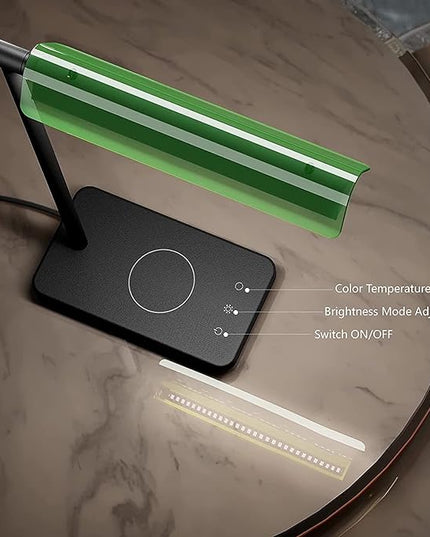 Modern LED Banker Lamp, Vintage Green Lampshade LED Desk Lamp,Office Home Decor Desk Light, with Touch Switch and Wireless Charging Function, for Study, Library, Bedroom - LeafyLoom