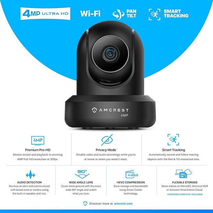 Amcrest 4MP ProHD Indoor WiFi, Security IP Camera with Pan/Tilt, Two-Way Audio, Night Vision, Remote Viewing, 4-Megapixel @30FPS, Wide 90° FOV, IP4M-1041B (Black) Amcrest