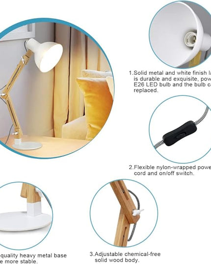 DINGLILIGHTING DLLT Swing Arm Desk Lamp, Wood Adjustable Gooseneck Table Lamp, Modern Architect Desk Light, Reading Light for Work, Study, Bedroom, Home Office, White Metal Shade, E26 Bulb Included - LeafyLoom