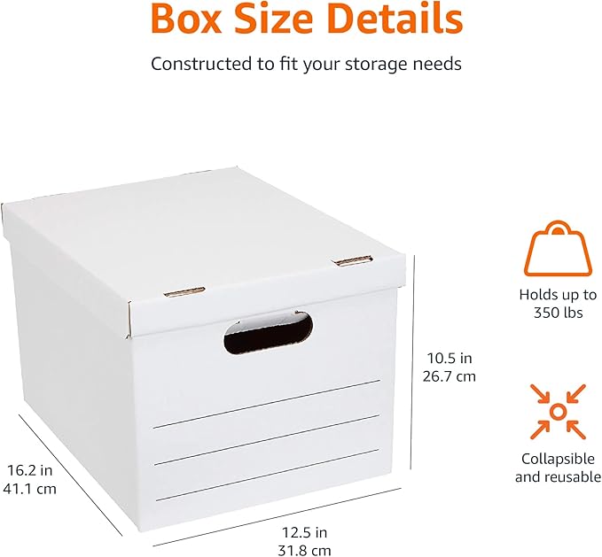 Amazon Basics Storage and Filing Boxes With Lid and Handles, Legal/Letter Size, Basic Duty, Pack of 20, White, 16.2" L x 12.5" W x 10.5" H - LeafyLoom