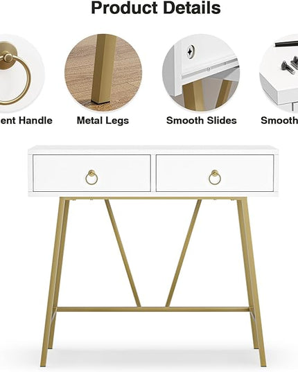 Anmytek Modern Home Office Desk, 35.4 Inch Makeup Vanity Table White Study Desk 2 Drawers Writing Desk Computer Desk with Golden Legs, D0002 - LeafyLoom