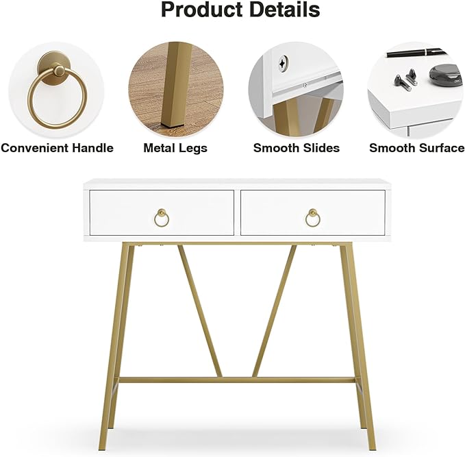 Anmytek Modern Home Office Desk, 35.4 Inch Makeup Vanity Table White Study Desk 2 Drawers Writing Desk Computer Desk with Golden Legs, D0002 - LeafyLoom