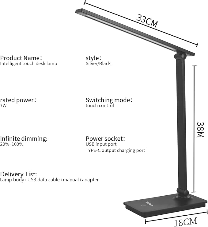Eye-Caring Table Lamp with 3 Brightness Levels - 7W, 6000K, Black - Illuminate Your Workspace with Our Adjustable LED Desk Lamp - Perfect for Work, Study, and Reading - Adapter Included - LeafyLoom