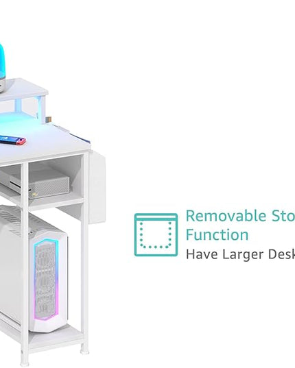 Lufeiya White Computer Desk with File Drawers Cabinet, 55 Inch Home Office Desk with Monitor Stand Shelves, Writing Study Gaming Desks with Led Light Power Outlets for Bedroom, White - LeafyLoom