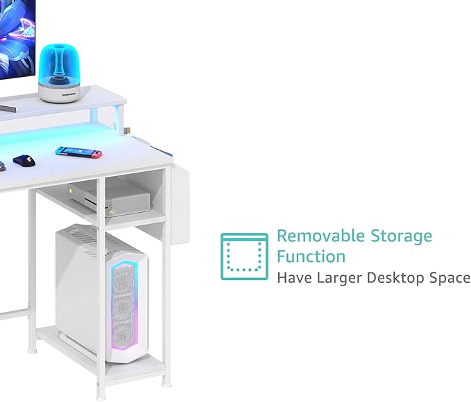Lufeiya White Computer Desk with File Drawers Cabinet, 55 Inch Home Office Desk with Monitor Stand Shelves, Writing Study Gaming Desks with Led Light Power Outlets for Bedroom, White - LeafyLoom