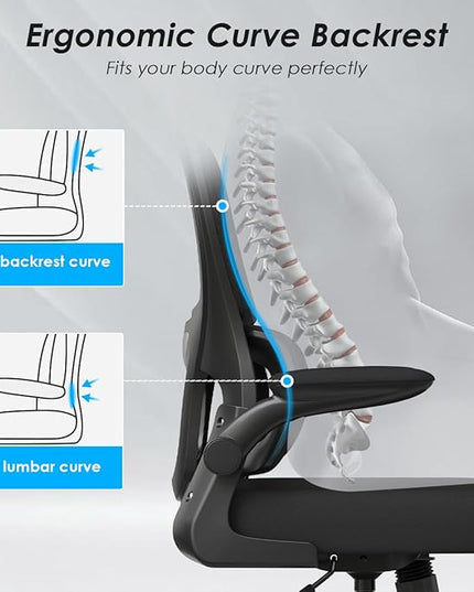 Soohow Ergonomic Home Office Chair, Mesh Desk Chair with Lumbar Support, Comfy Computer Desk Chair with Flip Armrest Rolling Wheels, Adjustable Headrest, Black. - LeafyLoom