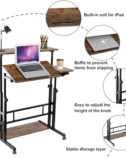 Hadulcet Mobile Standing Desk, Rolling Table Adjustable Computer Desk, Stand Up Laptop Desk Mobile Workstation for Home Office Classroom with Wheels, 31.49 x 23.6 in Rustic Brown - LeafyLoom