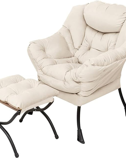 Welnow Lazy Chair with Ottoman, Modern Lounge Accent Armrests and a Side Pocket, Leisure Upholstered Sofa Set, Reading Footrest for Small Space, Corner Chair, Beige - LeafyLoom