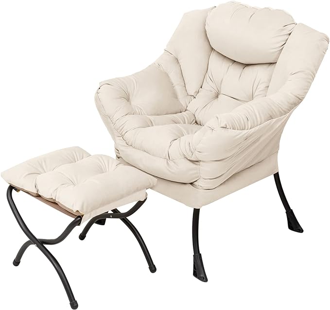 Welnow Lazy Chair with Ottoman, Modern Lounge Accent Armrests and a Side Pocket, Leisure Upholstered Sofa Set, Reading Footrest for Small Space, Corner Chair, Beige - LeafyLoom