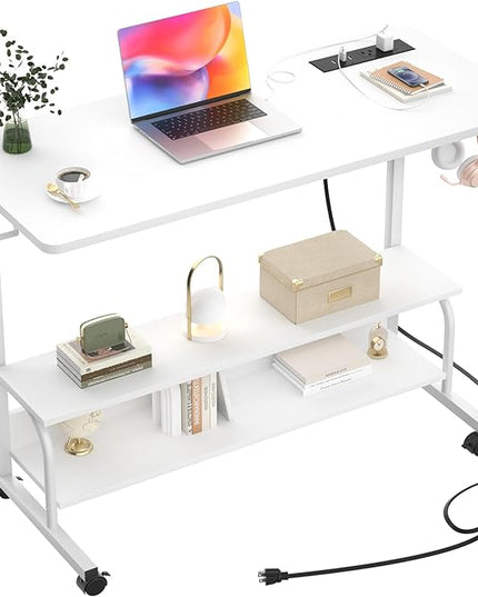 Height Adjustable Standing Desk with Power Outlets, 39" Manual Stand Up Desk with Storage Shelves Small Mobile Rolling Computer Desk Portable Laptop Table with Wheels for Home Office, White - LeafyLoom